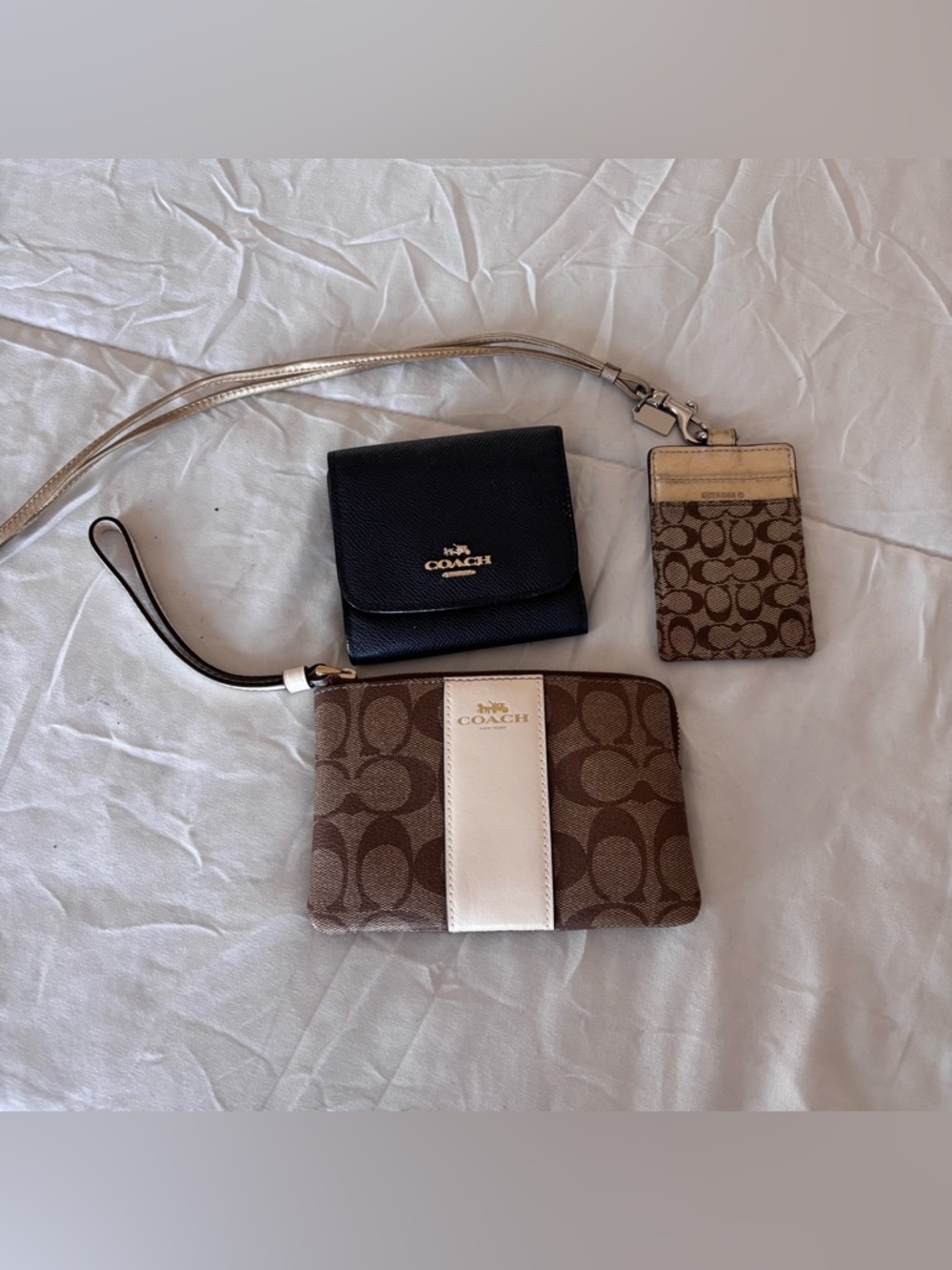 Bundle-Coach Brown Signature Wristlet Set with Cream Stripe & Navy Card Wallet